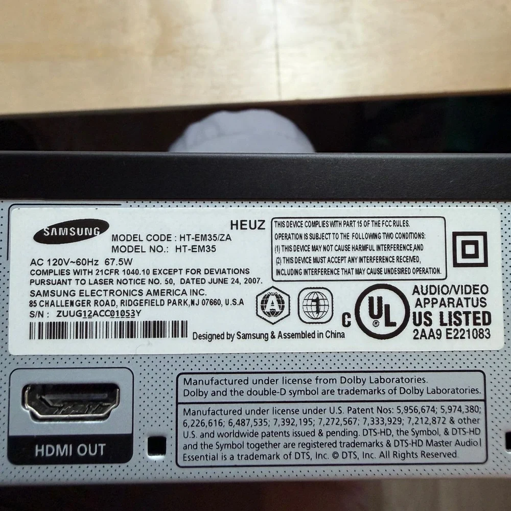 Samsung Home Theater HT-EM35 DVD/Blu-ray Player HDMI Anynet+ Main Unit No Remote